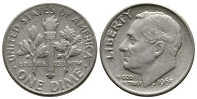 США 10 ЦЕНТОВ = 1 ДАЙМ 1965 РУЗВЕЛЬТ KM 195а медь плакированная медно-никелем 37-216