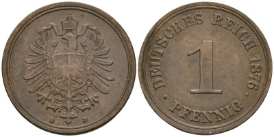 Германия 1 пфенниг 1876 D, Вильгельм I (1871-1888) KM 1, J. 1 медь 4173-829