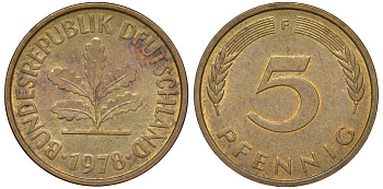 ФРГ 5 пфеннигов 1978 F KM 107, J.382 сталь плакированная латунью 4174-526