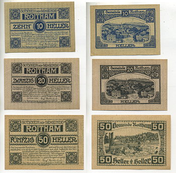 АВСТРИЯ НАБОР ИЗ 3 БАНКНОТ 1920 29 АПРЕЛЯ 1920-31 ДЕКАБРЯ 1920, НОТГЕЛЬД, 10, 20, 50 ГЕЛЛЕРОВ, ROITHAM бумага aUNC 7203-83-2