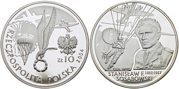 Польша 10 злотых 2004 MW, бригадный генерал Станислав Сосабовский (1892-1967) KM 500 серебро PROOF 1074-8-25