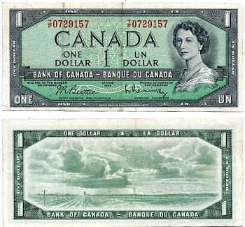 Канада 1 доллар 1954 подписи Beattie & Rasminsky, BABNC Pick 75b бумага 8603-34-1-1