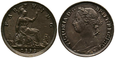 Великобритания 1 фартинг 1893 Виктория (1837-1901) KM 753, Spink 3958 бронза  1518-334