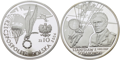 Польша 10 злотых 2004 MW, бригадный генерал Станислав Сосабовский (1892-1967) KM 500 серебро PROOF 1074-8-25