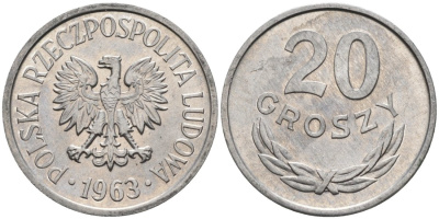 Польша 20 грошей 1963 MW KM А47 алюминий 4564-1057