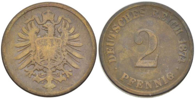 ГЕРМАНИЯ 2 ПФЕННИГА 1874 G, СТАРОГЕРБОВКА KM 2, J. 2, Weege 3 медь 212-434
