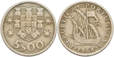 ПОРТУГАЛИЯ 5 ЭСКУДО 1964 ПАРУСНИК KM 591 медно-никель 4523-541