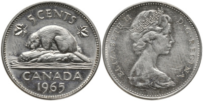 Канада 5 центов 1965 Елизавета II (1952-2022), бобер KM 60.1 никель аUNC 4385-413