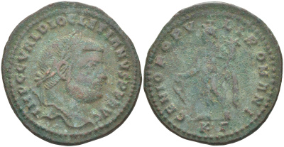 Римская Империя нуммий 297 - 299 Диоклетиан, бюст императора, IMP C C VAL DIOCLETIANVS P F AVG / Гений Римского народа, GENIO POPVLI ROMANI KГ, Кизик RIC 10а биллон 1073-23-15