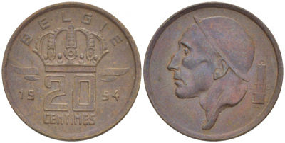 Бельгия 20 сантимов 1954 Belgie, Бодуэн I (1951-1993) KM 147.1 бронза 4532-113