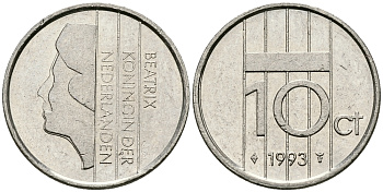 НИДЕРЛАНДЫ 10 ЦЕНТОВ 1993 БЕАТРИКС KM 203 никель 96-557