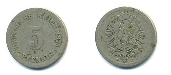 ГЕРМАНИЯ 5 ПФЕННИГОВ 1875 J, СТАРОГЕРБОВКА KM 3, J.3 медно-никель 4379-325