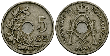 Бельгия 5 сантимов 1920 Belgique KM 66 медно-никель 4173-453