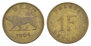 Руанда-Бурунди 1 франк 1964 редкий год KM 1 латунь 4647-1229
