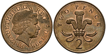 Великобритания 2 пенса 1998 Елизавета II (1952-2022) KM 987, Spink 4690 (C5) сталь плакированная медью 3333-1232