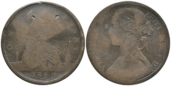 Великобритания 1 пенни 1863 Виктория (1837-1901) KM 749.2, Spink 3954 бронза 32-415