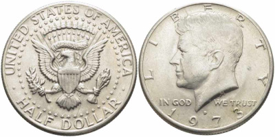 США 1/2 доллара (50 центов) 1973 D, Джон Кеннеди KM 202b медь плакированная медно-никелем 84-135