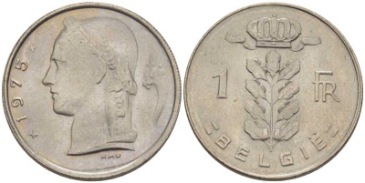 Бельгия 1 франк 1975 Belgie, Бодуэн I (1951-1993) KM 143.1 медно-никель 202-1055