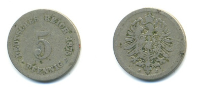 ГЕРМАНИЯ 5 ПФЕННИГОВ 1875 J, СТАРОГЕРБОВКА KM 3, J.3 медно-никель 4379-325