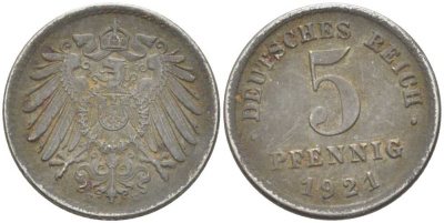 ГЕРМАНИЯ 5 ПФЕННИГОВ 1921 E KM 19, J. 297, Weege 5 железо 206-741