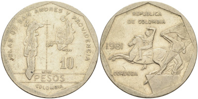 Колумбия 10 песо 1981 KM 270 медь никель цинк 81-142