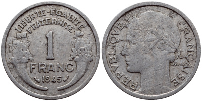 ФРАНЦИЯ 1 ФРАНК 1945 KM 885а.1 алюминий 23-842