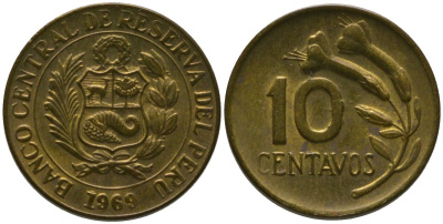 Перу 10 сентаво 1969 KM 245.2, Schon 50 латунь 4532-252