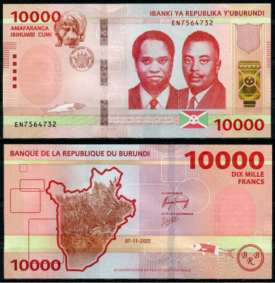 Бурунди 10000 франков 2022 принц Рвагасоре, президент Мельхиор Ндадайе, карта Pick 59 a  бумага  UNC (пресс) 448-118-2