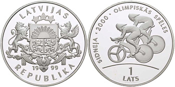 Латвия 1 лат 1999 XXVII летние Олимпийские игры 2000 года в Сиднее, велоспорт KM 44 серебро PROOF 00-00-00
