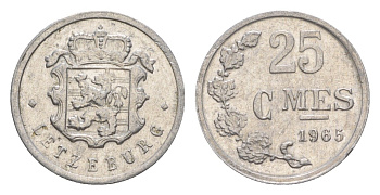 Люксембург 25 сантимов 1965 Герцог Жан (1964-1999) KM 45a алюминий 4643-522