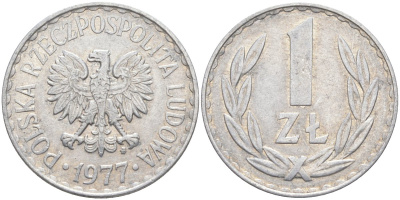 Польша 1 злотый 1977 MW KM 49.1, Parchimowicz 213o алюминий 3856-425
