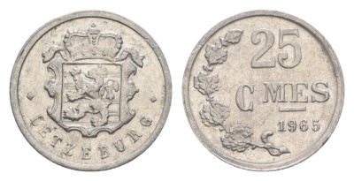 Люксембург 25 сантимов 1965 Герцог Жан (1964-1999) KM 45a алюминий 4643-522