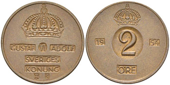 Швеция 2 эре 1954 TS, Густав VI Адольф (1950-1973) KM 821 бронза 4513-1246
