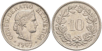 ШВЕЙЦАРИЯ 10 РАППЕНОВ 1967 В KM 27 медно-никель 55-353