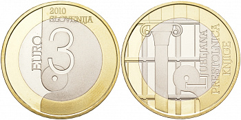 Словения 3 евро 2010 Любляна - всемирная столица книги KM 95 биметалл PROOF M4-21