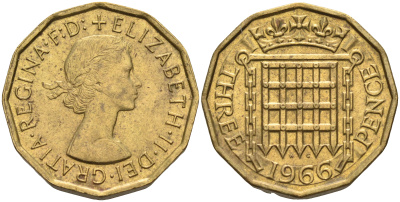 Великобритания 3 пенса 1966 Елизавета II (1952-2022) KM 900, Spink 4153 никель латунь  4150-424