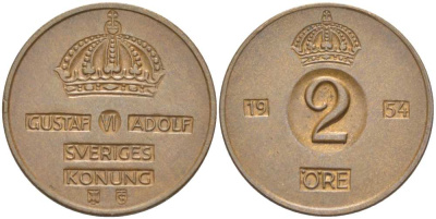 Швеция 2 эре 1954 TS, Густав VI Адольф (1950-1973) KM 821 бронза 4513-1246