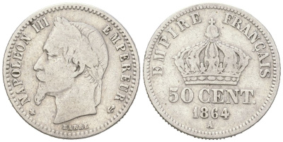 Франция 50 сантимов 1864 A, Наполеон III (1852-1870) KM 814.1 серебро 4617-745