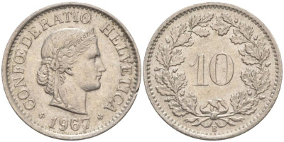 ШВЕЙЦАРИЯ 10 РАППЕНОВ 1967 В KM 27 медно-никель 55-353