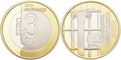 Словения 3 евро 2010 Любляна - всемирная столица книги KM 95 биметалл PROOF M4-21