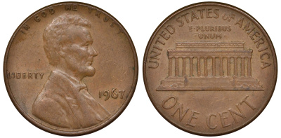 США 1 ЦЕНТ 1967 ЛИНКОЛЬН KM 201 медь цинк 62-711