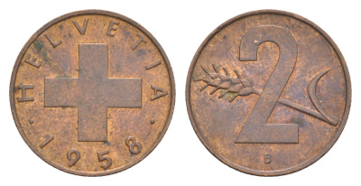 Швейцария 2 раппена 1958 B KM 47 бронза 4630-758