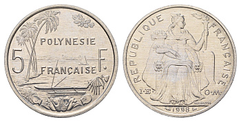 Французская Полинезия 5 франков 1998 KM 12 алюминий UNC 4667-632