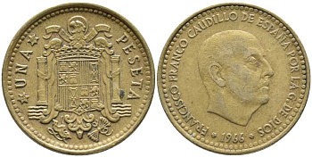 ИСПАНИЯ 1 ПЕСЕТА 1966 (68) ФРАНСИСКО ФРАНКО ДИКТАТОР ИСПАНИИ (1939-1975) KM 796 алюминиевая бронза 110-1224