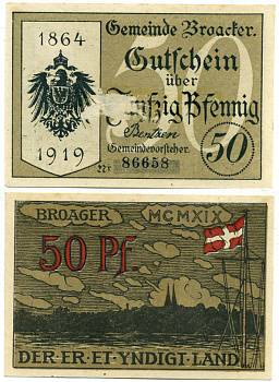 Броагер (Дания) 50 пфеннигов 1919 нотгельд Grabowski 188.1 бумага 000-00-00