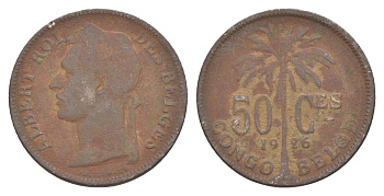 Бельгийское Конго 50 сантимов 1926 Надпись на французском - 'ALBERT ROI DES BELGES' KM 22 медно-никель 4650-425