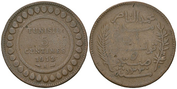 Тунис 5 сантимов 1912 АН 1330, A, Французский протекторат (1890-1959) KM 235 бронза 92-456