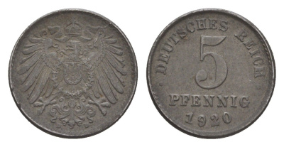 Германия 5 пфеннигов 1920 D KM 19, J. 297 железо плакированное цинком 4644-1122