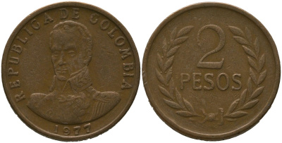 Колумбия 2 песо 1977 KM 263 бронза 4538-115
