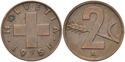 Швейцария 2 раппена 1951 В KM 47 бронза 4114-1142